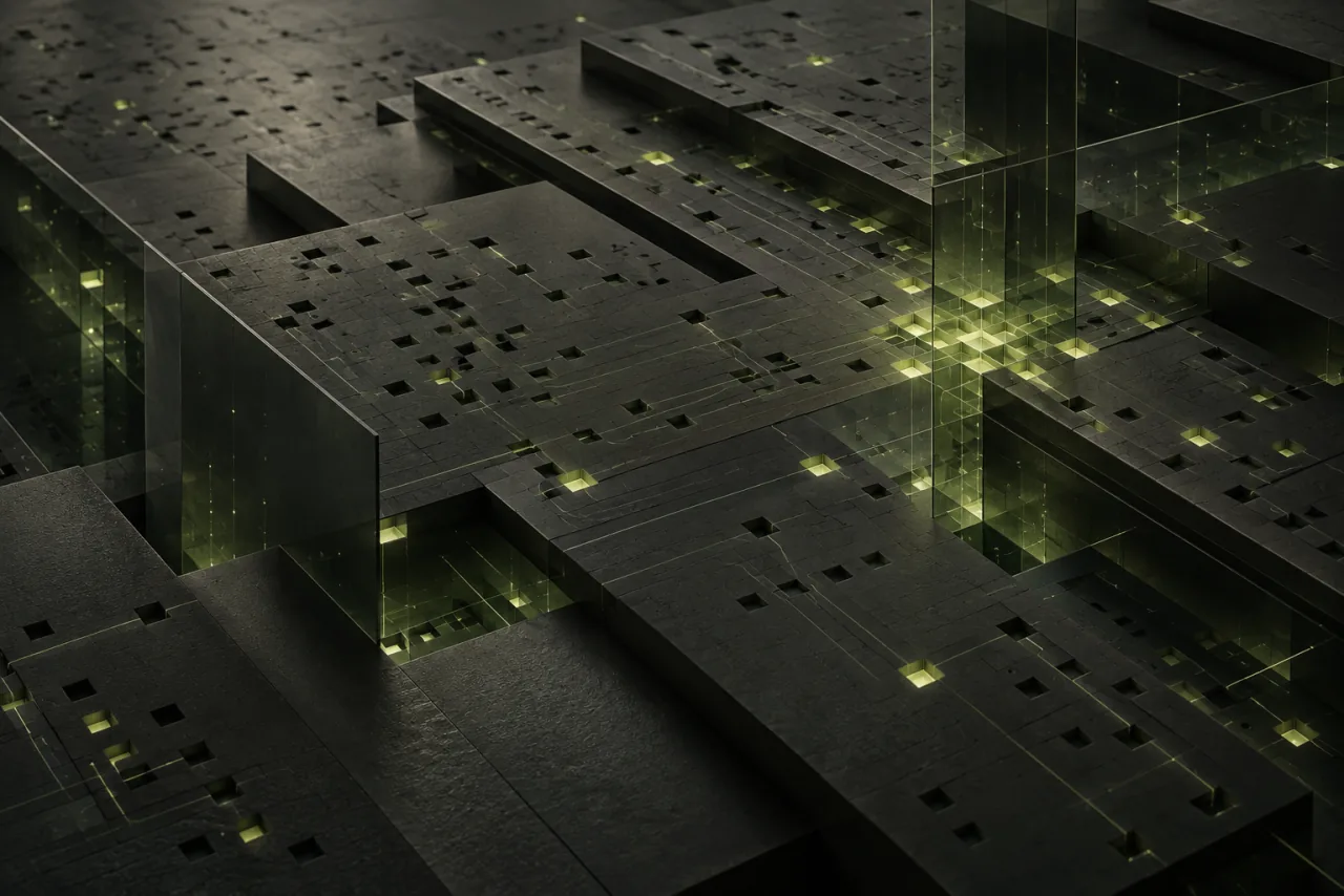 Abstract graphite landscape with illuminated connections, an illustration of commerce intelligence.